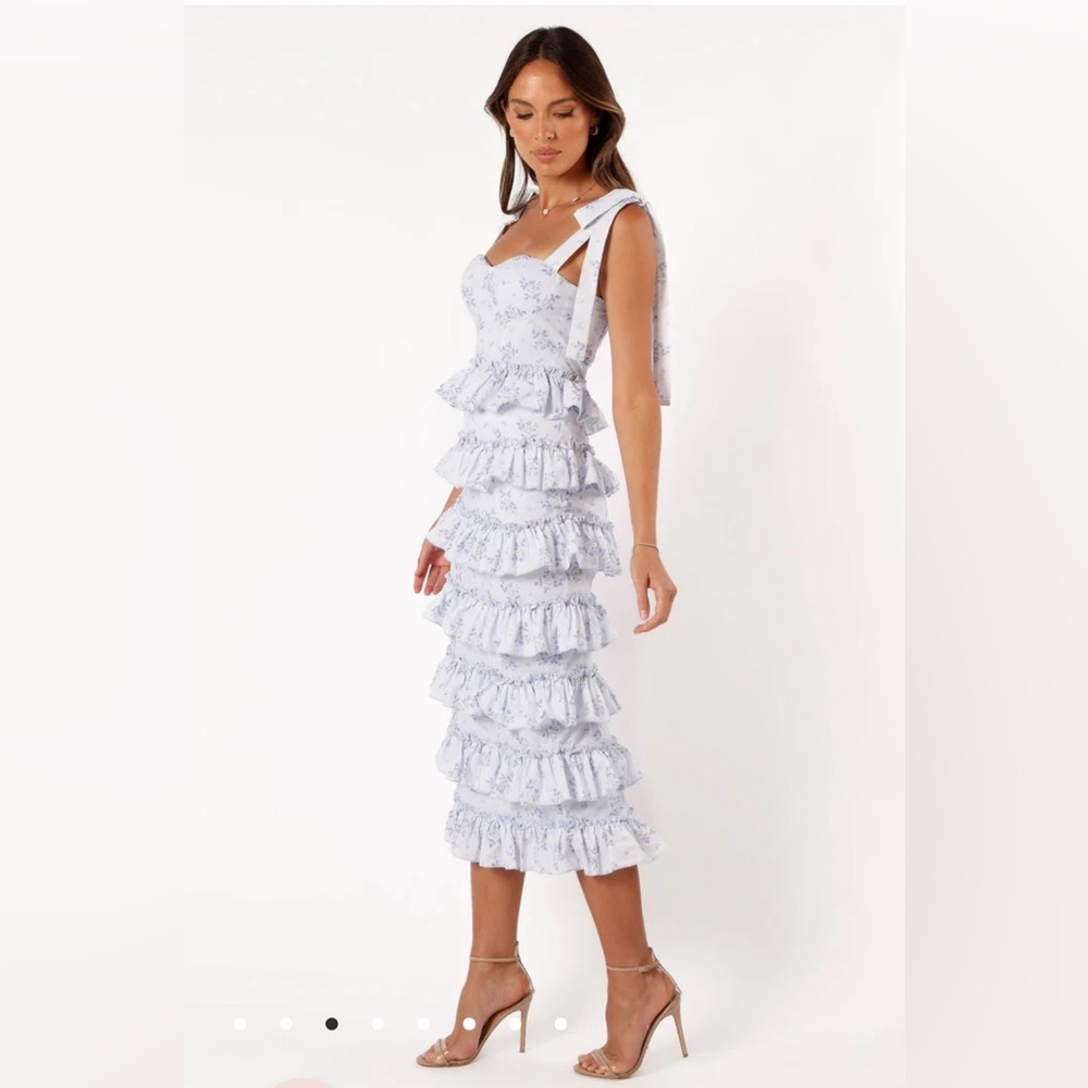 Petal and Pup MARINA FRILLED MIDI DRESS - BLUE FLORAL size small.